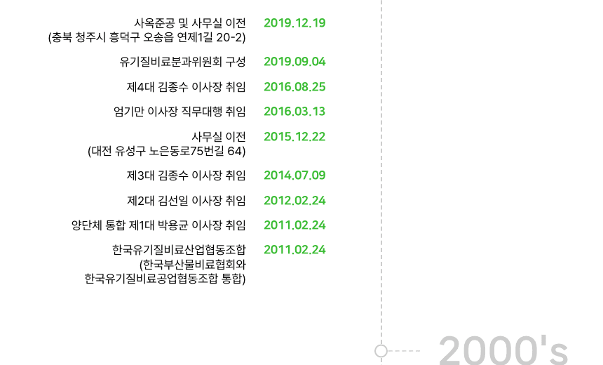 한국유기질비료산업협동조합 연혁 페이지의 제3대 김종수 이사장 취임 기록 캡처
